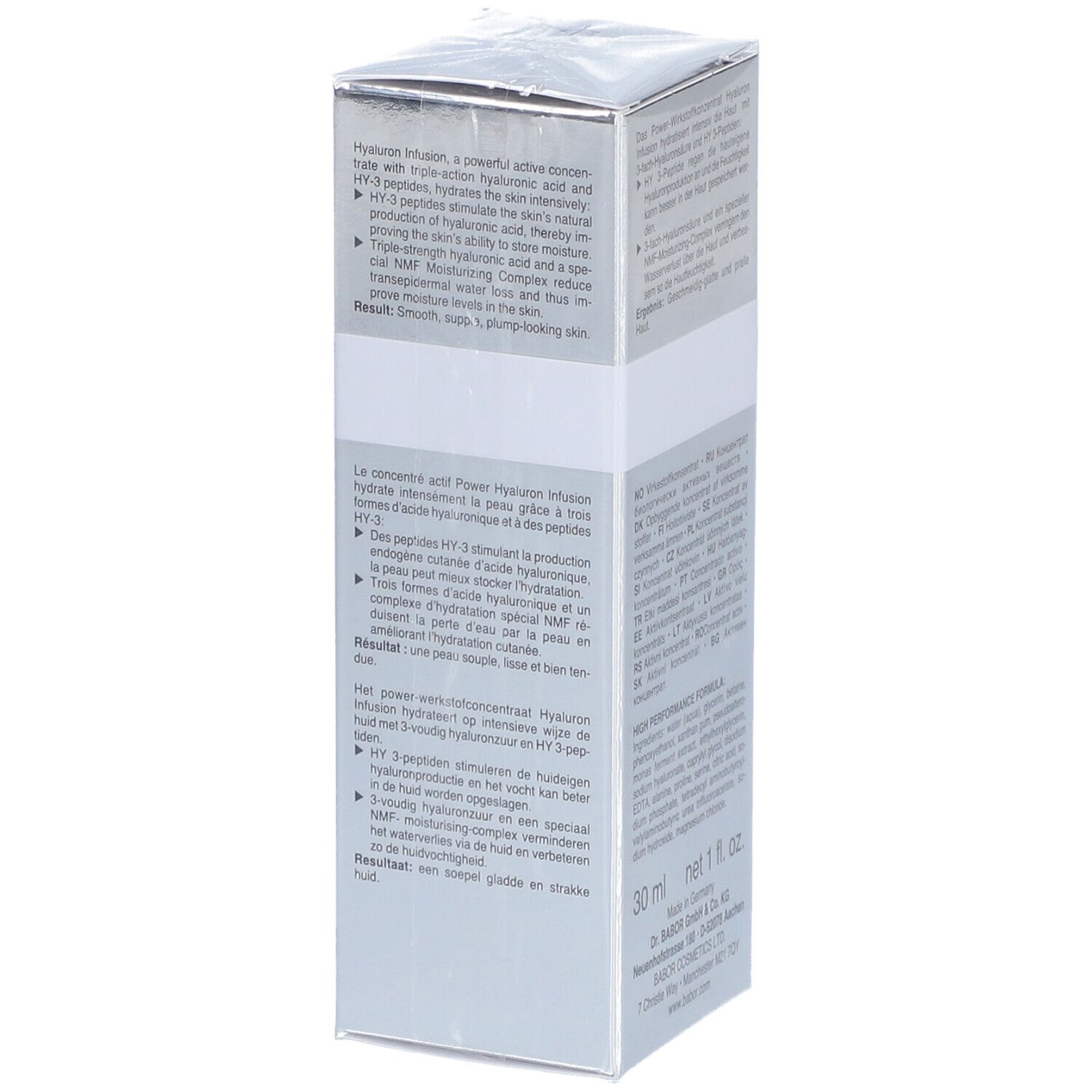 Doos, zijaanzicht. Tekst in meerdere talen. Opschrift: 30 ml net 1 fl. oz. Made in Germany. Dr. BABOR.