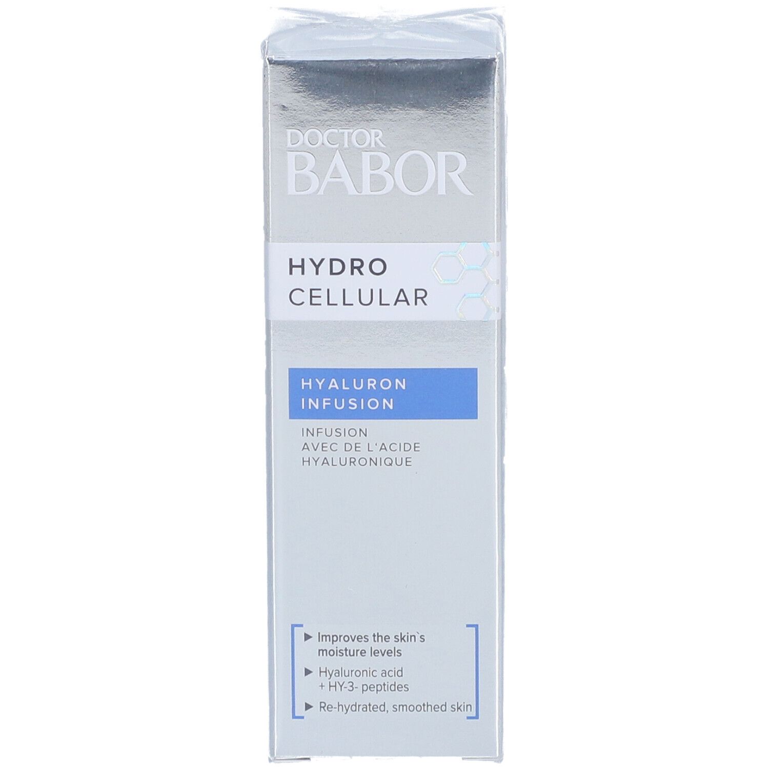 Doos met productopdrukken. Opschrift: DOCTOR BABOR, HYDRO CELLULAR, HYALURON INFUSION. Blauwe accenten.