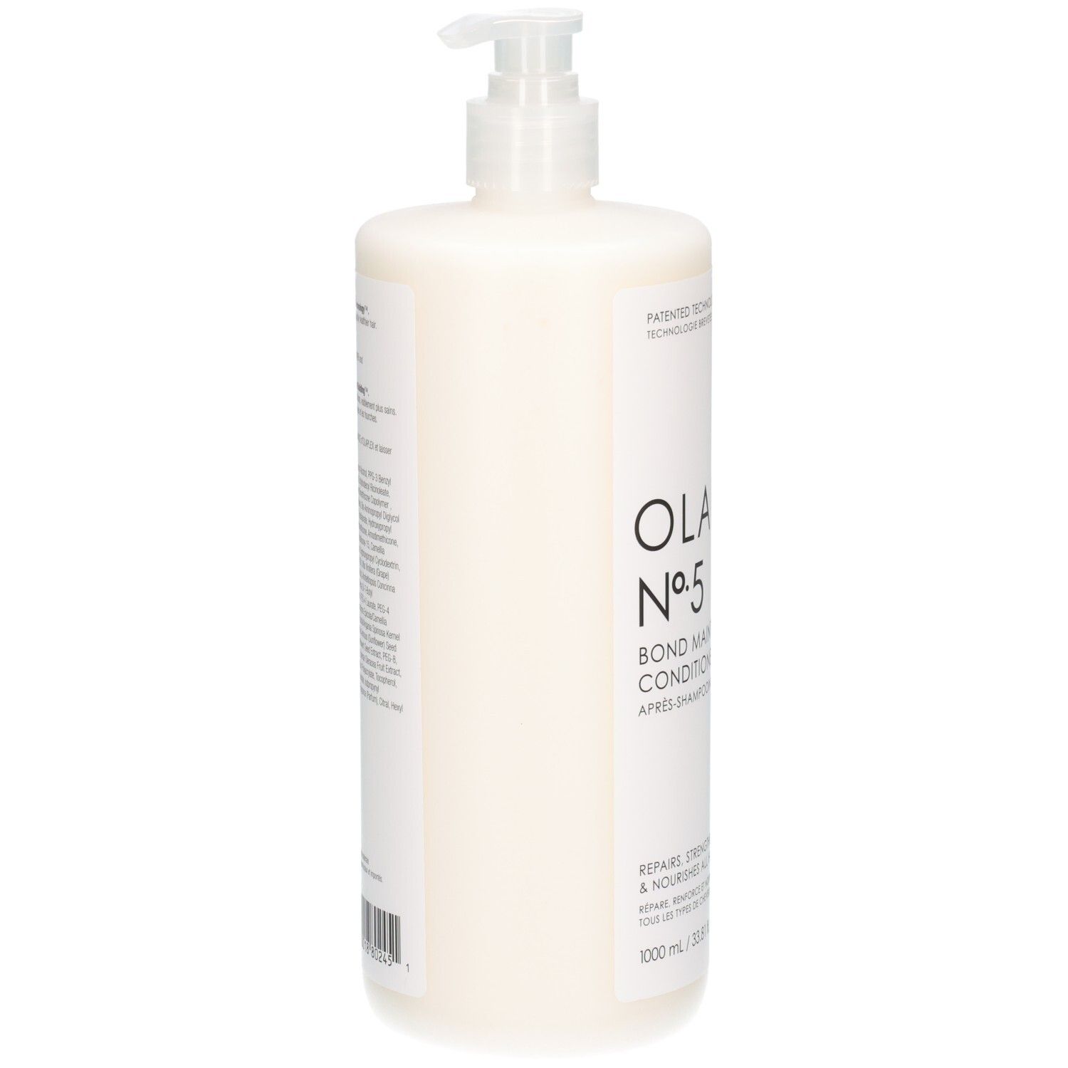 Zijaanzicht van de Olaplex N°5 Bond Maintenance Conditioner fles met pompdop.