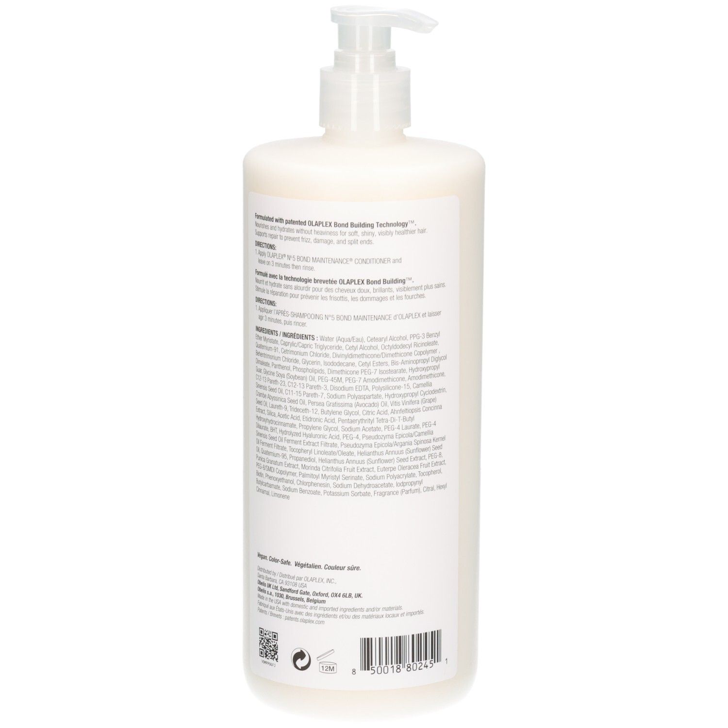 Achterkant van de Olaplex N°5 Bond Maintenance Conditioner fles met ingrediënten en volume.