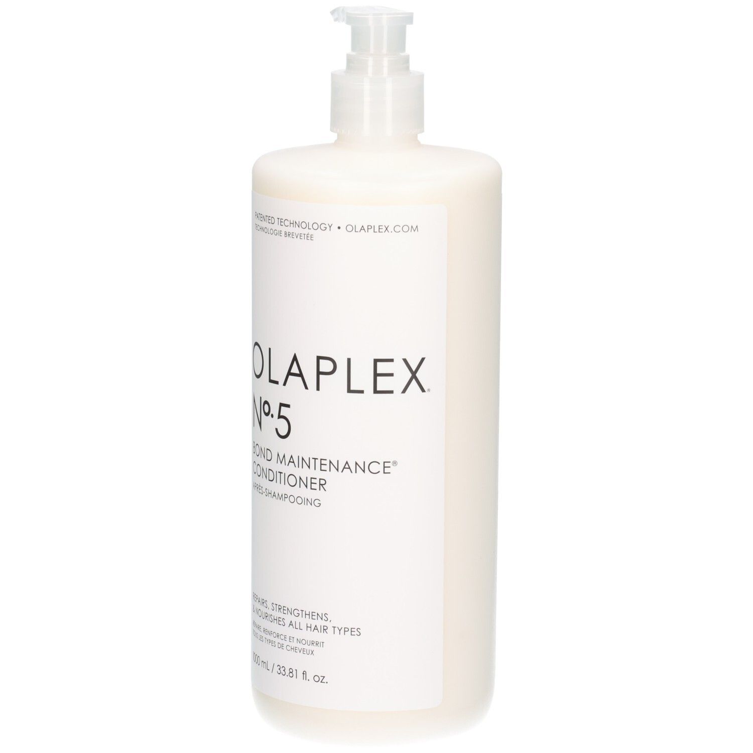 Vooraanzicht van de Olaplex N°5 Bond Maintenance Conditioner fles met pompspray.