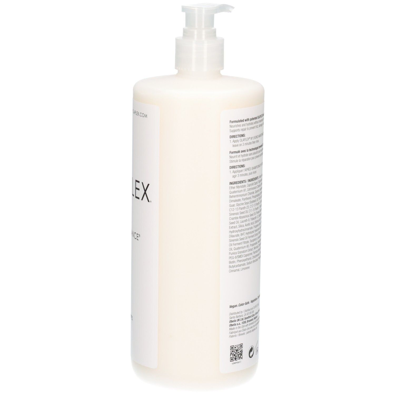 Zijaanzicht van de Olaplex N°5 Bond Maintenance Conditioner fles, wit met pomp.