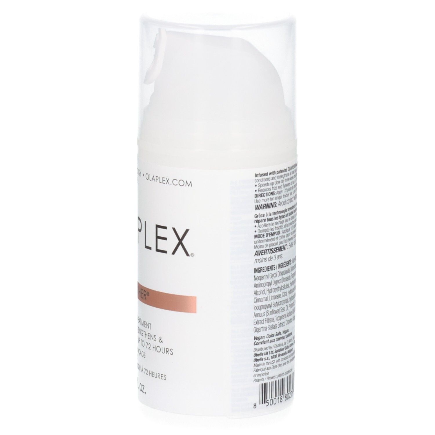 Vue latérale du flacon Olaplex N°6 Bond Smoother avec informations produit.