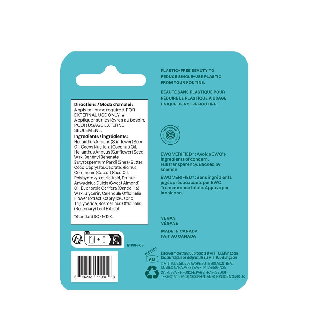 Arrière de l'emballage du baume à lèvres Attitude, couleur turquoise, avec informations.