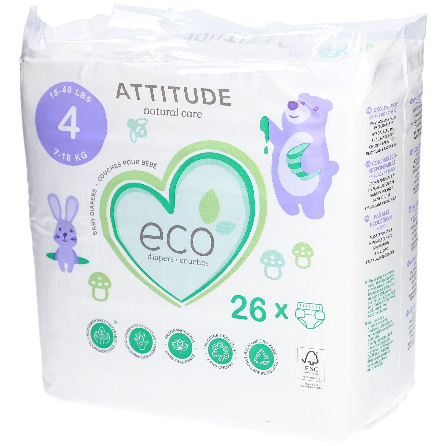 Luiers maat 4, 7-18 kg, 26 stuks. Verpakking met logo, illustraties en certificeringen.