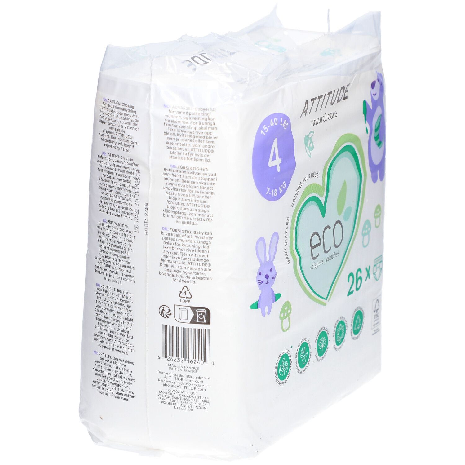 Luiersverpakking met logo, illustraties en tekst. Achterkant met tekst en certificeringen.