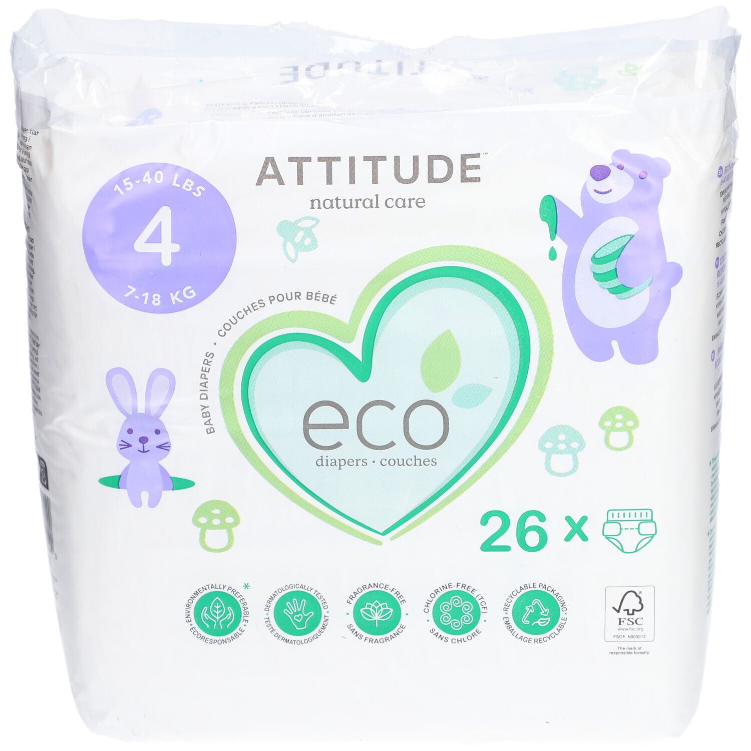 Luiers maat 4, 7-18 kg, 26 stuks. Verpakking met logo, illustraties en certificeringen.