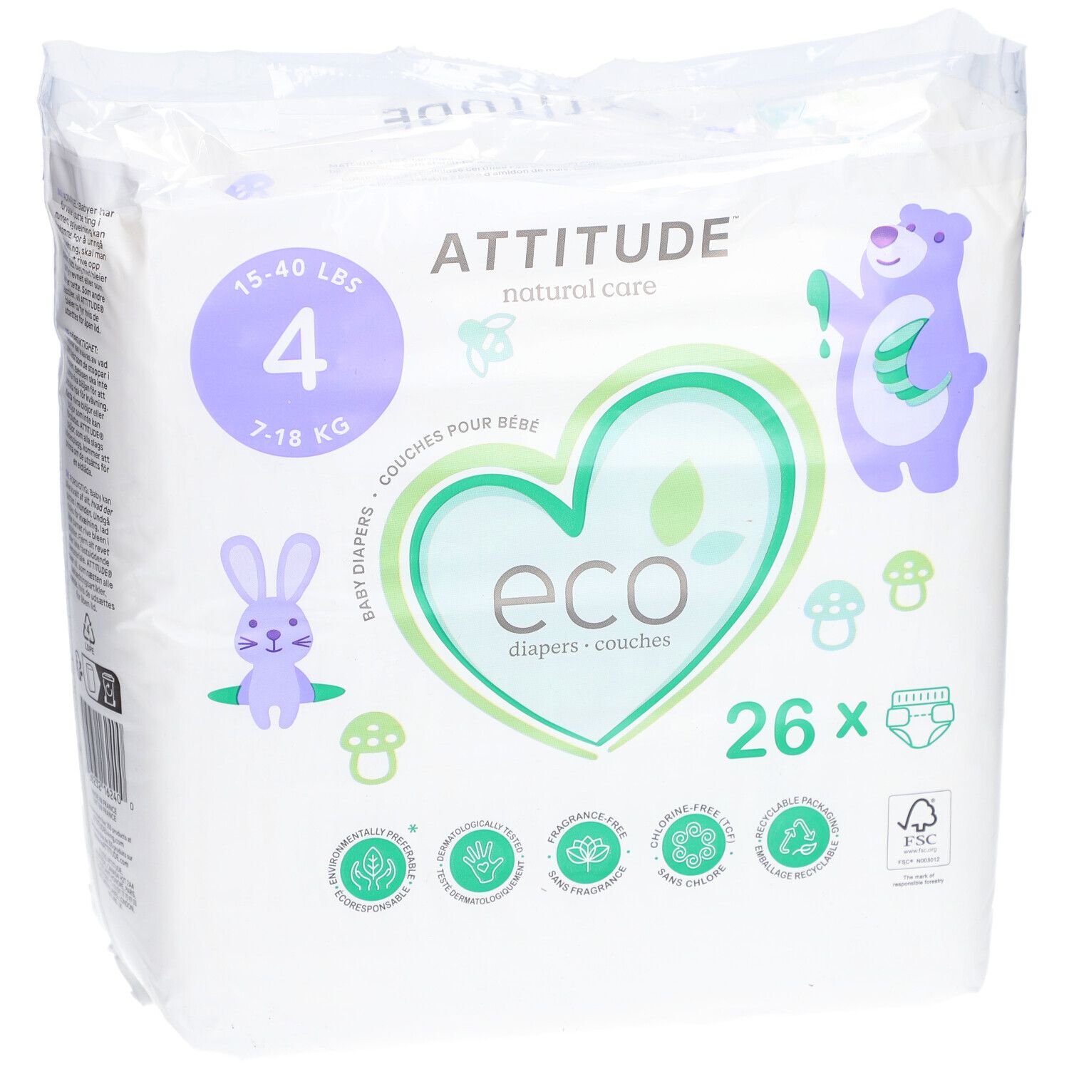 Luiers maat 4, 7-18 kg, 26 stuks. Verpakking met logo, illustraties en certificeringen.