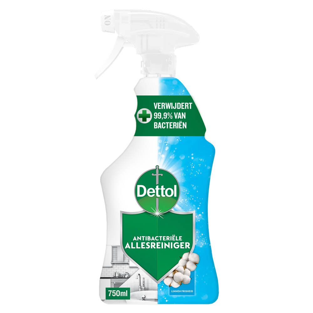 Dettol Antibactérien Nettoyant Tout Usage Frais. Bouteille blanche avec pulvérisateur. Étiquettes vertes et bleues. Texte : Antibactérien, élimine 99,9% des bactéries.