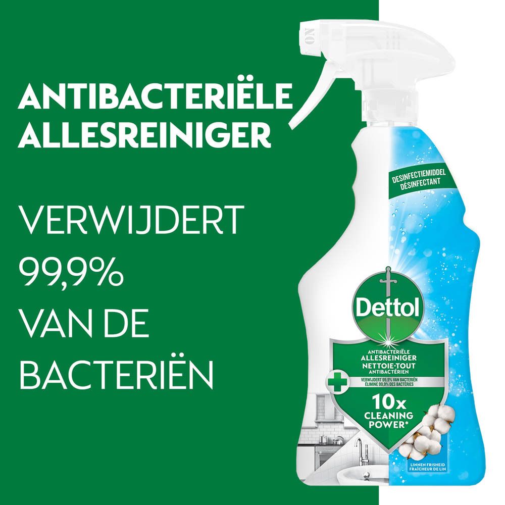 Dettol Antibactérien Nettoyant Tout Usage Frais. Witte fles met sproeikop. Blauwe en witte etiketten. Tekst: Antibacterieel, Nettoie-Tout.