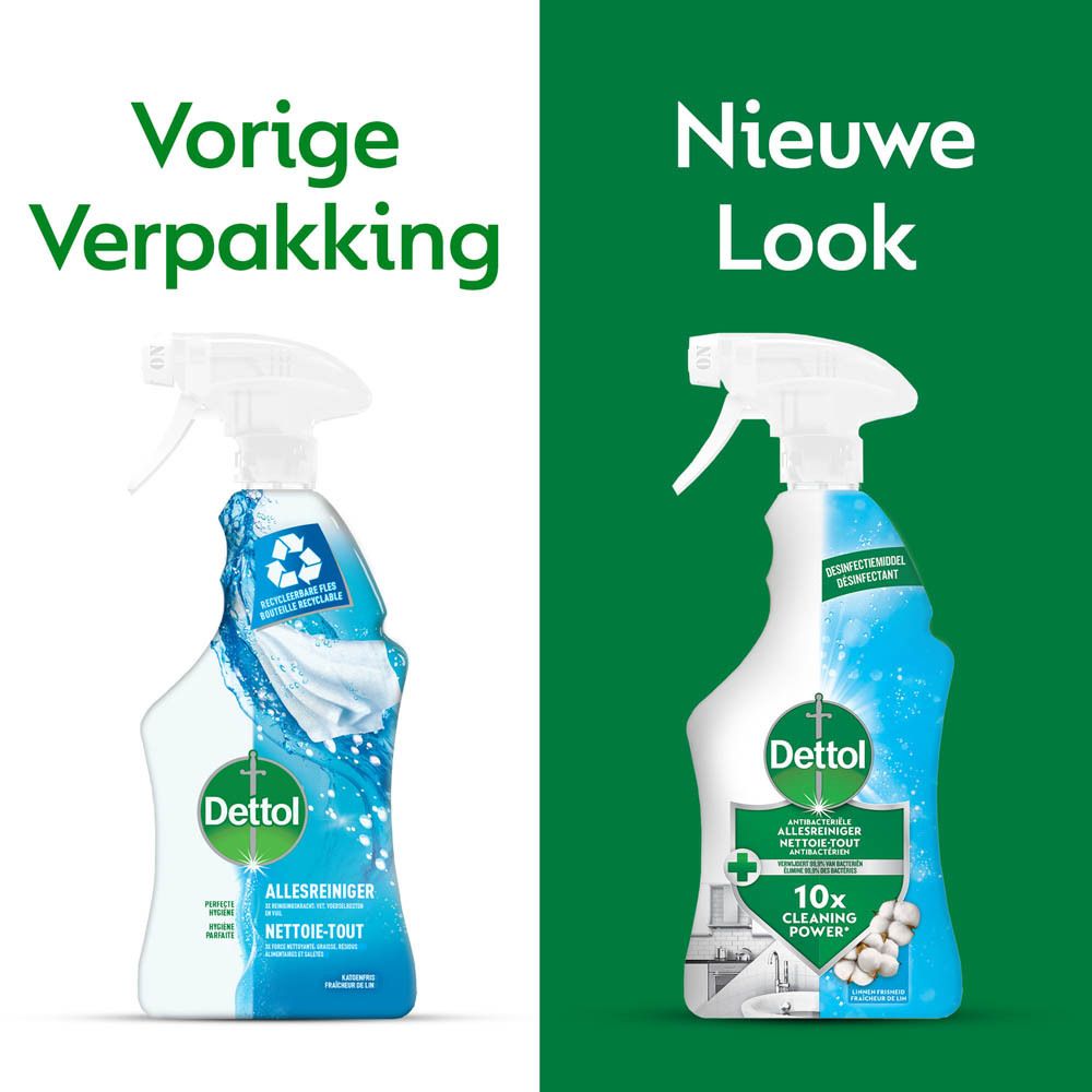 Dettol Antibactérien Nettoyant Tout Usage Frais. Witte fles met sproeikop. Blauwe en witte etiketten. Tekst: Antibacterieel, Nettoie-Tout.