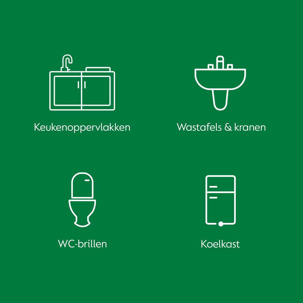 Dettol Antibactérien Nettoyant Tout Usage Frais. Witte fles met sproeikop. Blauwe en witte etiketten. Tekst: Antibacterieel, Nettoie-Tout.