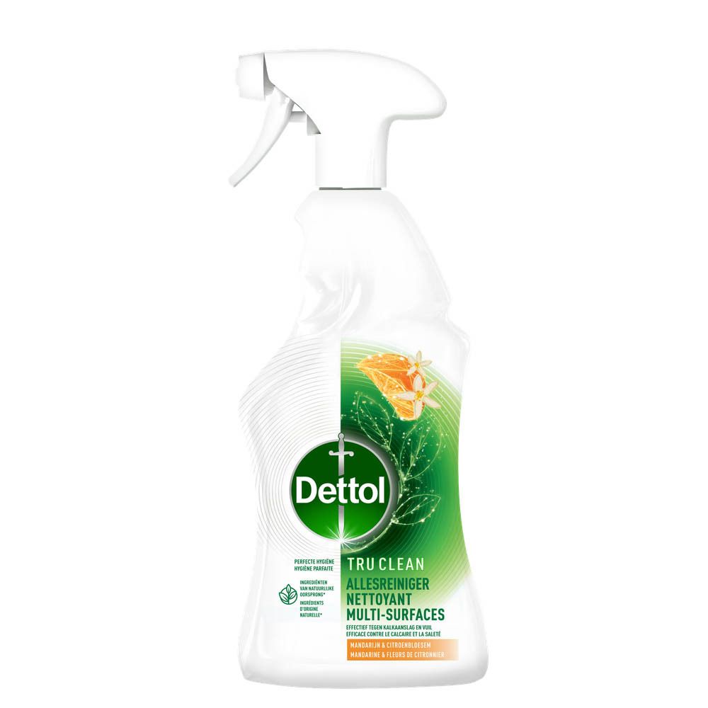 Witte Dettol-sprayschoonmaker. Fles met sproeikop. Opschrift: Tru Clean, Multi-Surfaces. Mandarijn & Citroenbloesem.