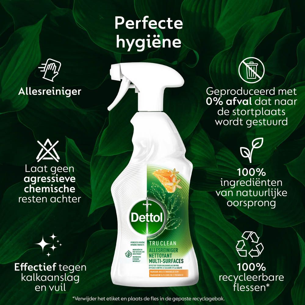 Zijaanzicht van de witte Dettol-sprayschoonmaker. Fles met sproeikop. Opschrift en logo's.