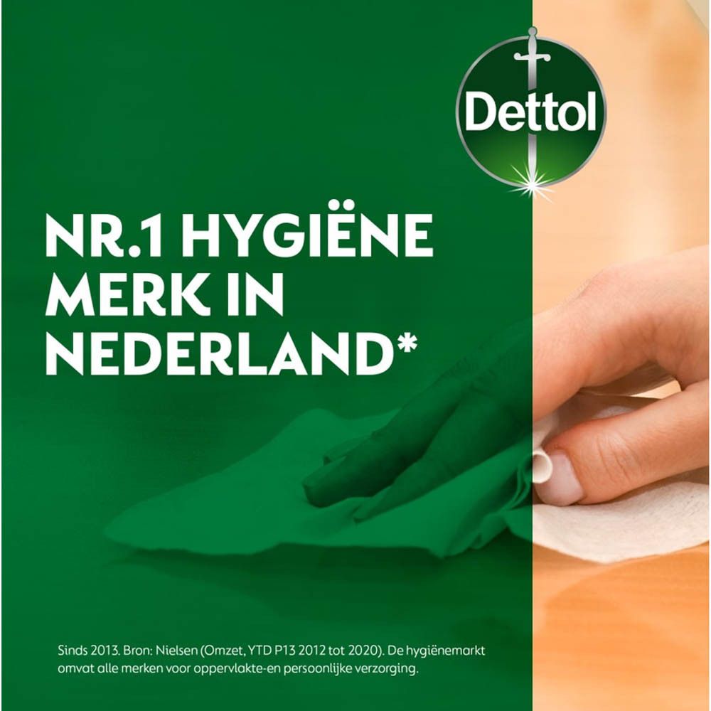Witte Dettol-sprayschoonmaker. Fles met sproeikop. Opschrift: Tru Clean, Multi-Surfaces. Mandarijn & Citroenbloesem.