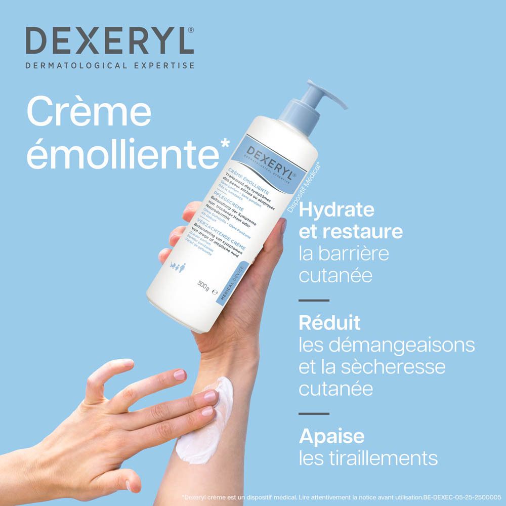 Main appliquant la crème émolliente DEXERYL sur peau sèche. Texte : 'Hydrate et restaure la barrière cutanée'.