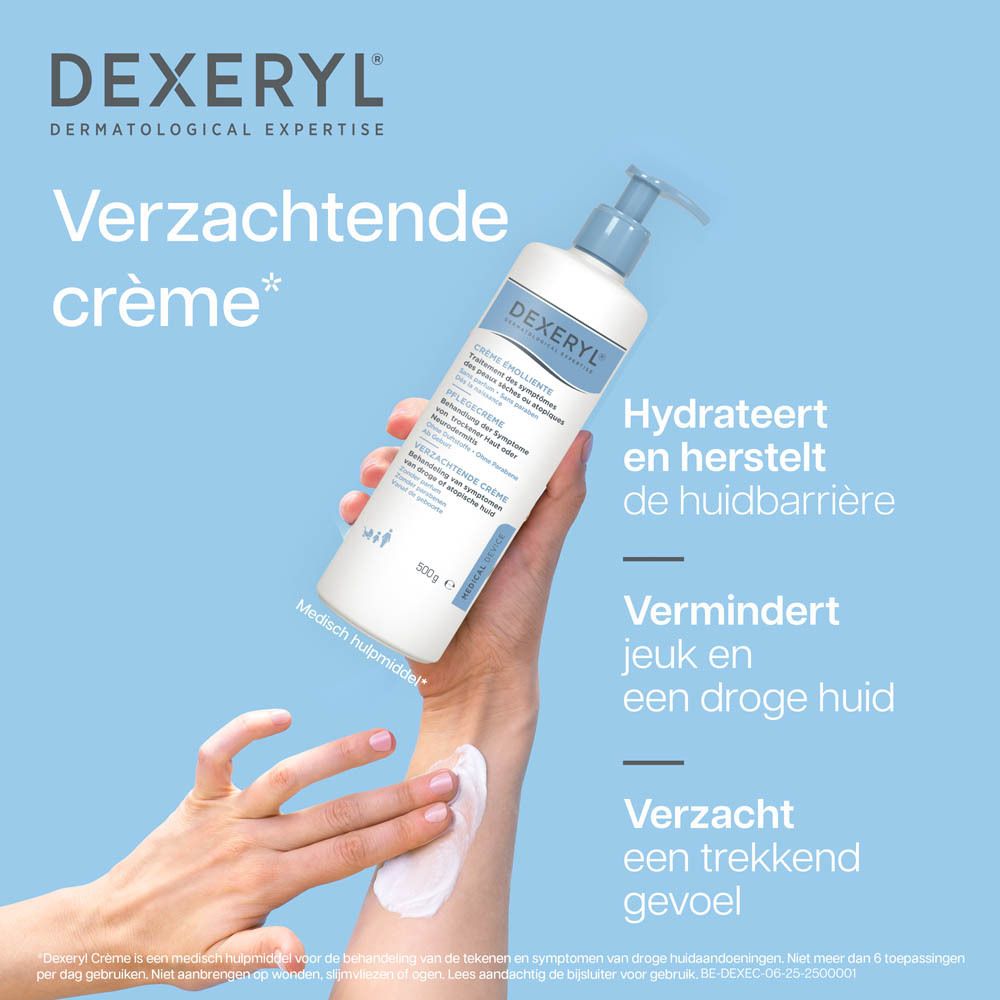 Hand brengt DEXERYL verzachtende crème aan op droge huid. Tekst: 'Hydrateert en herstelt de huidbarrière'.