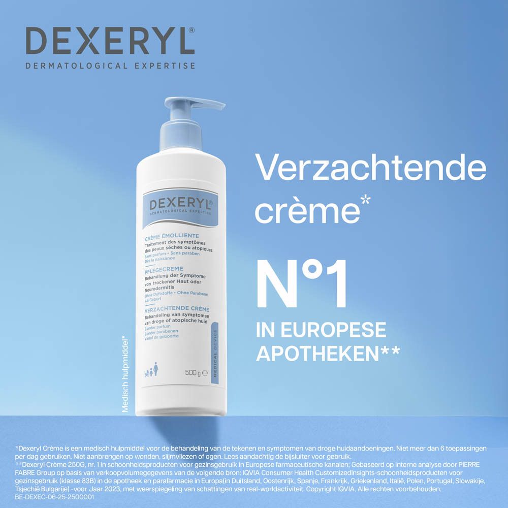 Fles verzachtende crème DEXERYL. Tekst: 'N°1 IN EUROPESE APOTHEKEN'.