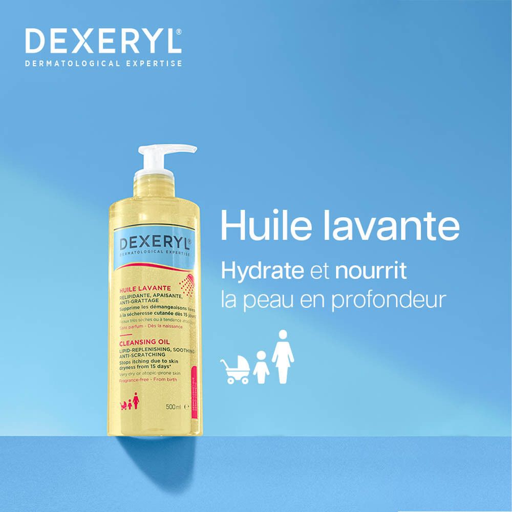 Flacon d'huile lavante DEXERYL avec pompe, 500ml. "Hydrate et nourrit la peau".