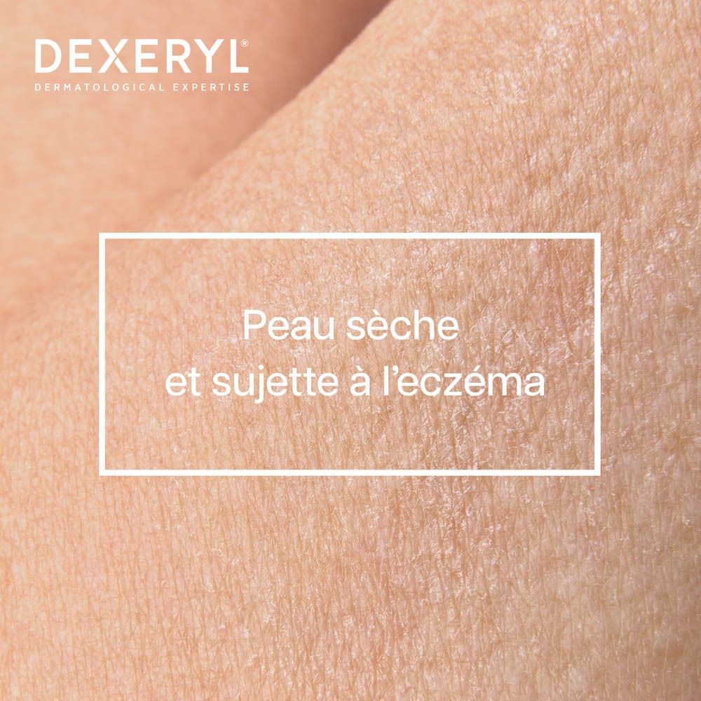 Gros plan sur peau sèche et sujette à l'eczéma. Texte : "Peau sèche et sujette à l'eczéma".