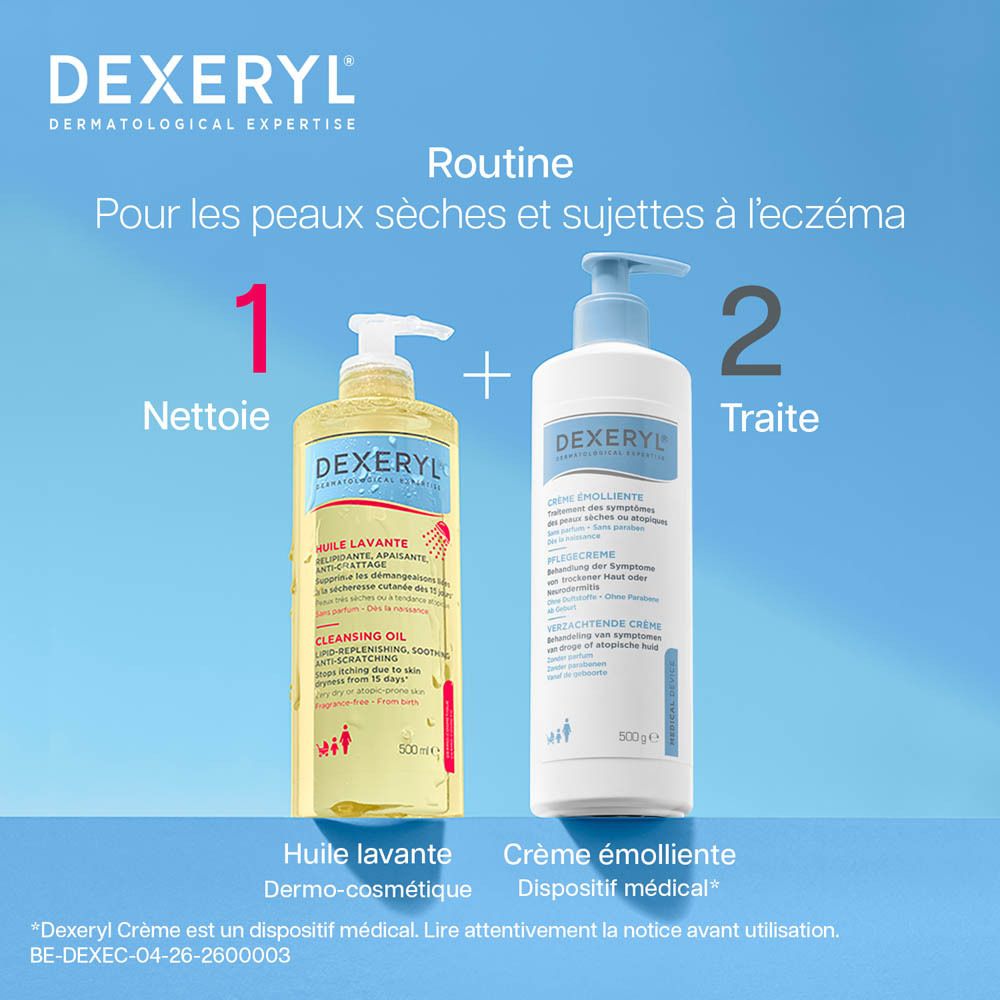 Flacons d'huile et de crème DEXERYL. "Routine pour les peaux sèches".