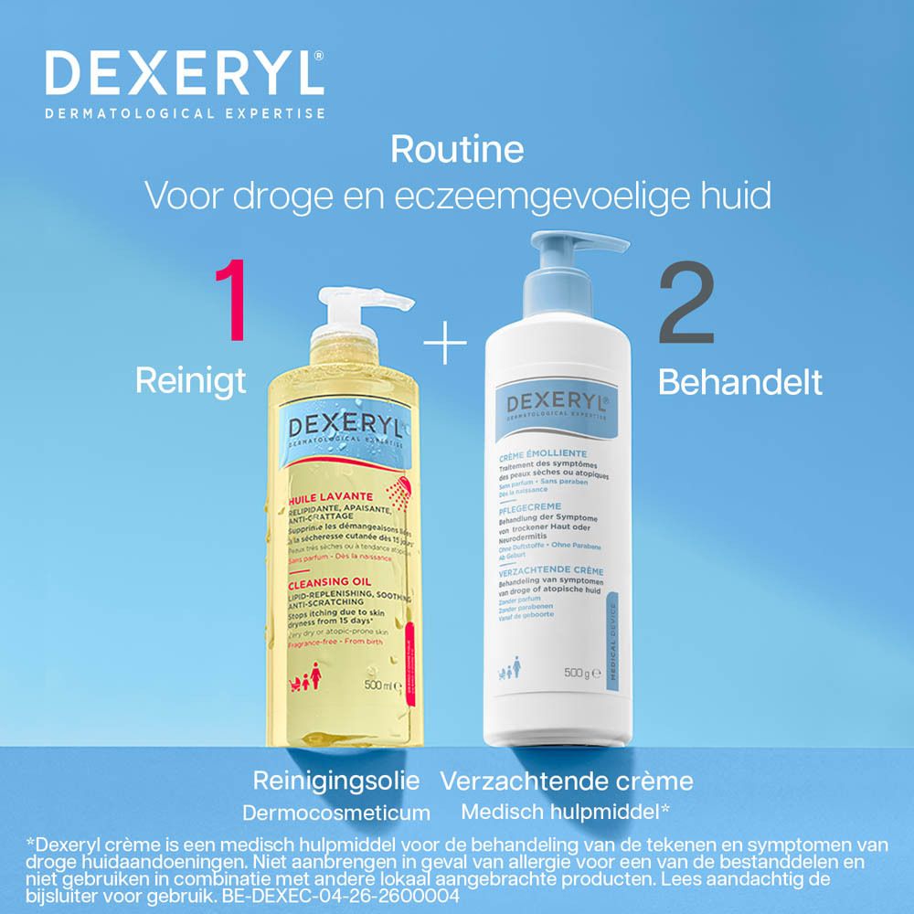 DEXERYL routine: reinigingsolie (1) en verzachtende crème (2) voor droge huid.