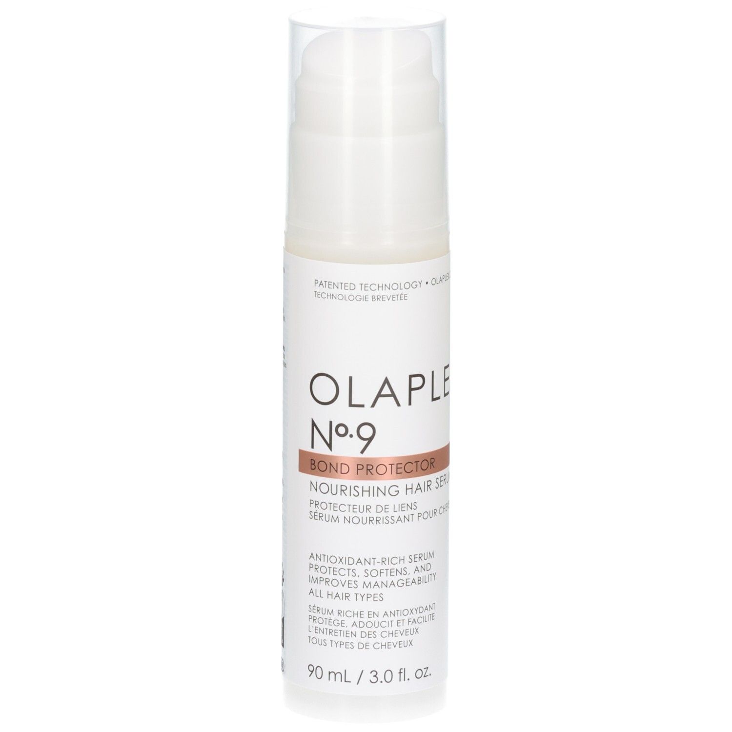 Sérum Capillaire Nourrissant Protecteur de Liens Olaplex No. 9 dans un flacon blanc avec pompe, 90 ml.
