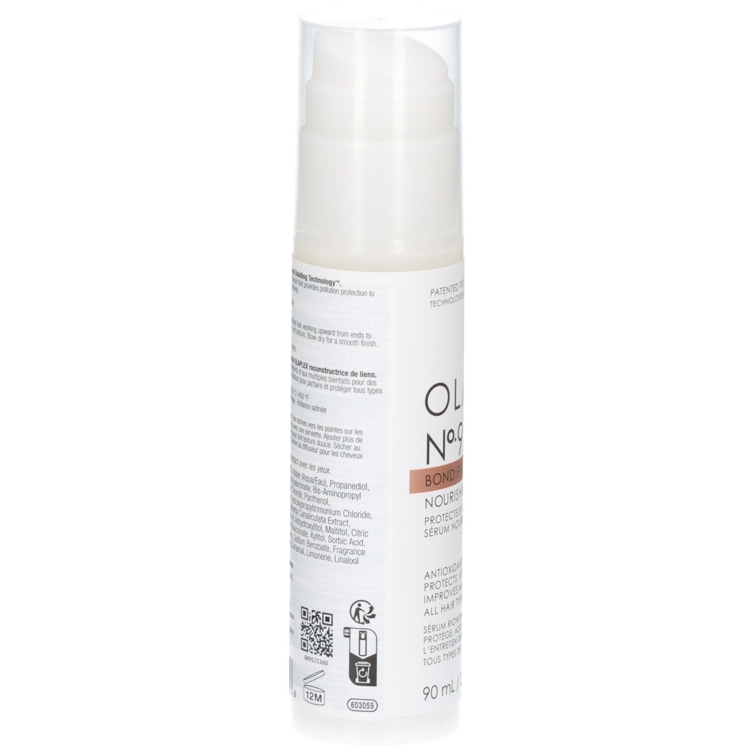 Dos de la bouteille Olaplex No. 9 avec ingrédients et instructions, 90 ml.