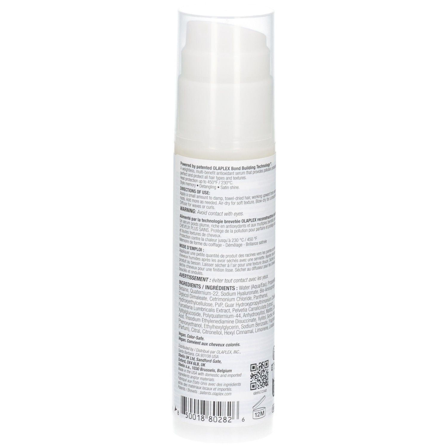 Dos de la bouteille Olaplex No. 9 avec liste détaillée des ingrédients et code-barres, 90 ml.