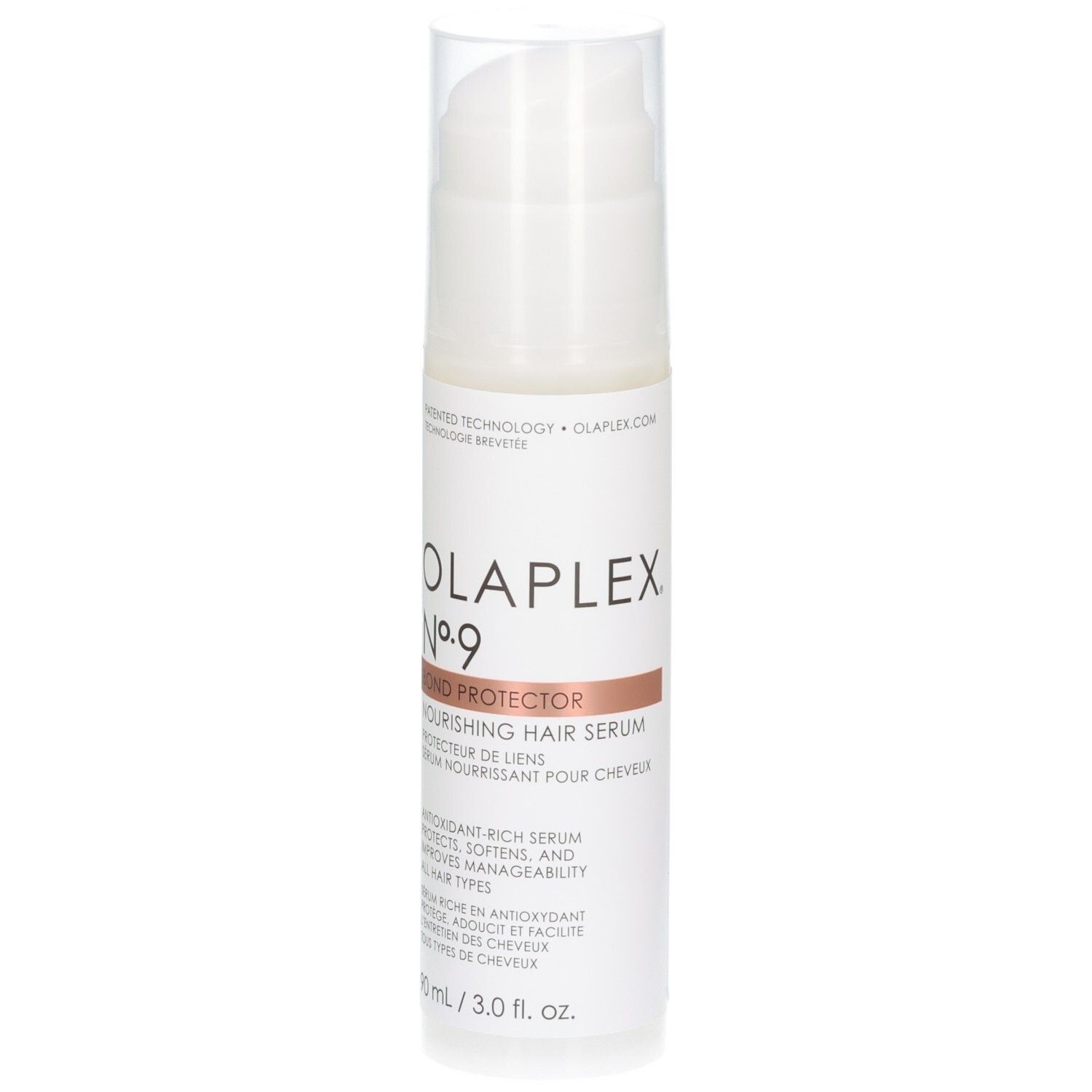 Sérum Capillaire Nourrissant Protecteur de Liens Olaplex No. 9 dans un flacon blanc avec pompe, 90 ml.