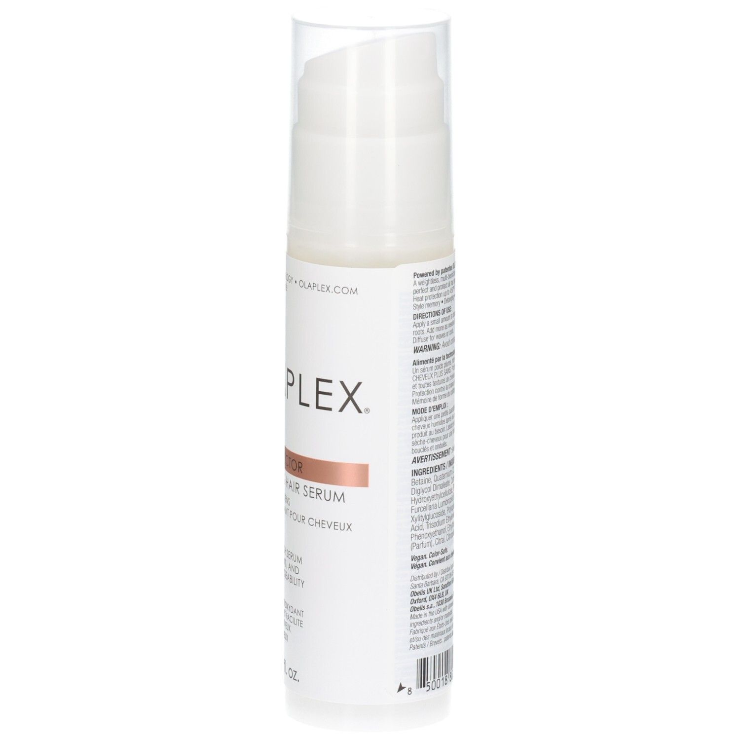 Vue latérale du flacon Olaplex No. 9 avec texte et pompe, 90 ml.