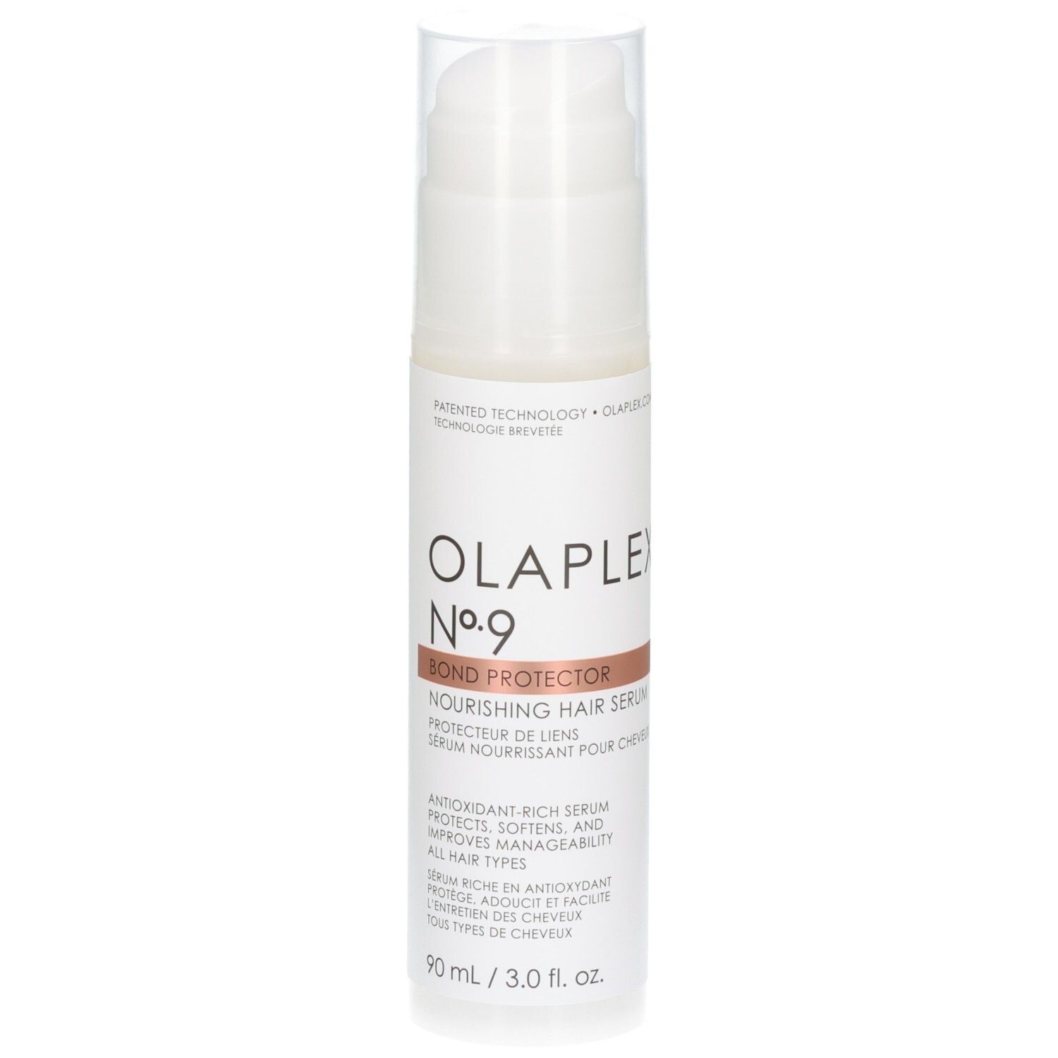 Sérum Capillaire Nourrissant Protecteur de Liens Olaplex No. 9 dans un flacon blanc avec pompe, 90 ml.