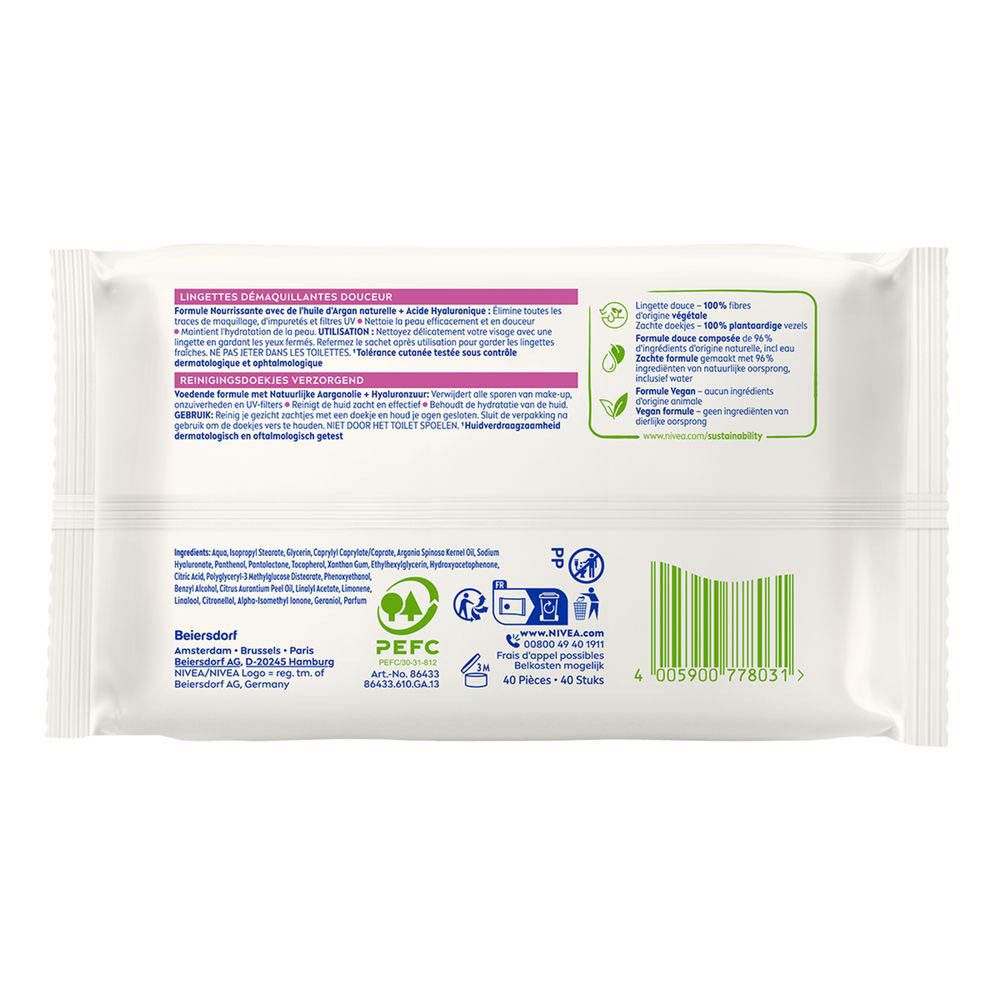 Dos des lingettes démaquillantes Nivea Douceur 3-en-1 avec ingrédients et instructions.