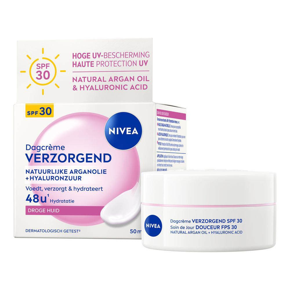 Pot Nivea crème de jour SPF 30, huile d'argan + acide hyaluronique.