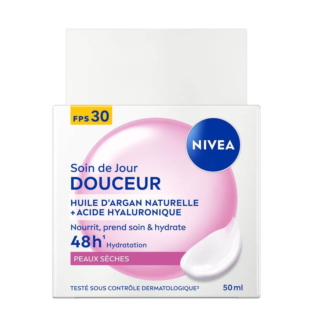 Pot Nivea crème de jour SPF 30, huile d'argan + acide hyaluronique.