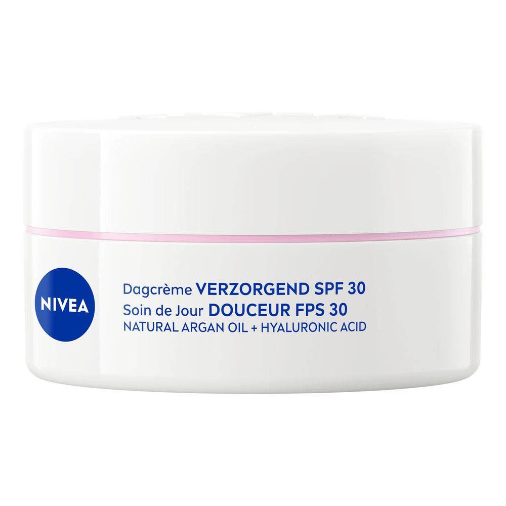 Pot Nivea crème de jour SPF 30, huile d'argan + acide hyaluronique.