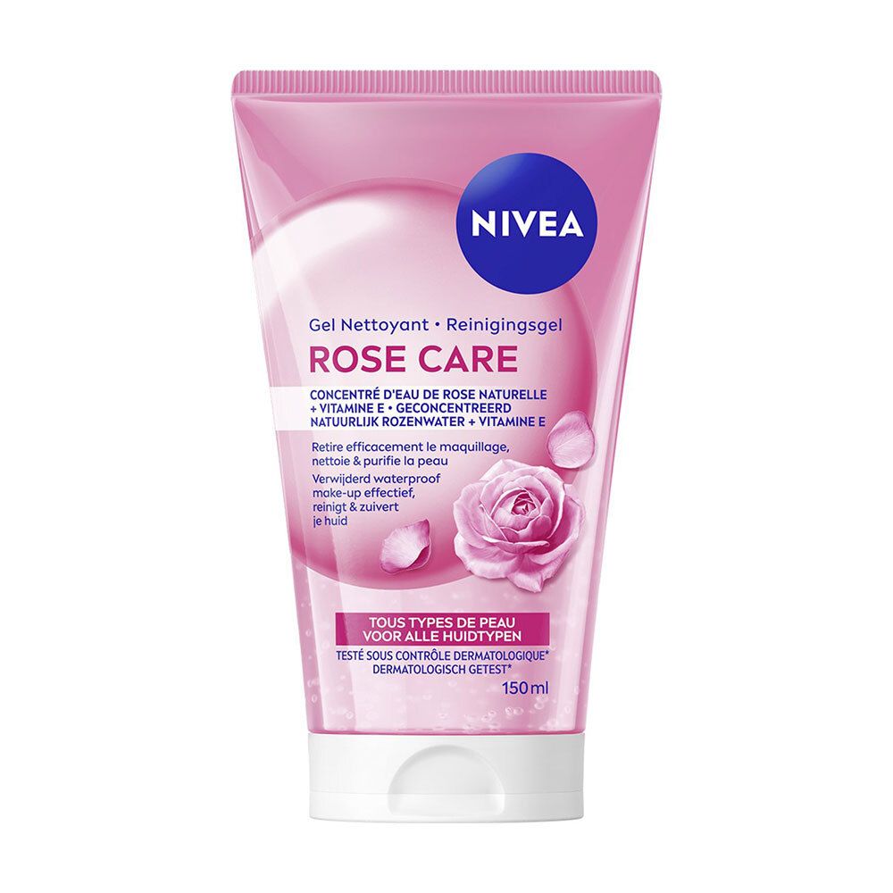 Nivea Rose Care Micellair Reinigingsgel met biologisch rozenwater. Roze tube met bloemenmotief.