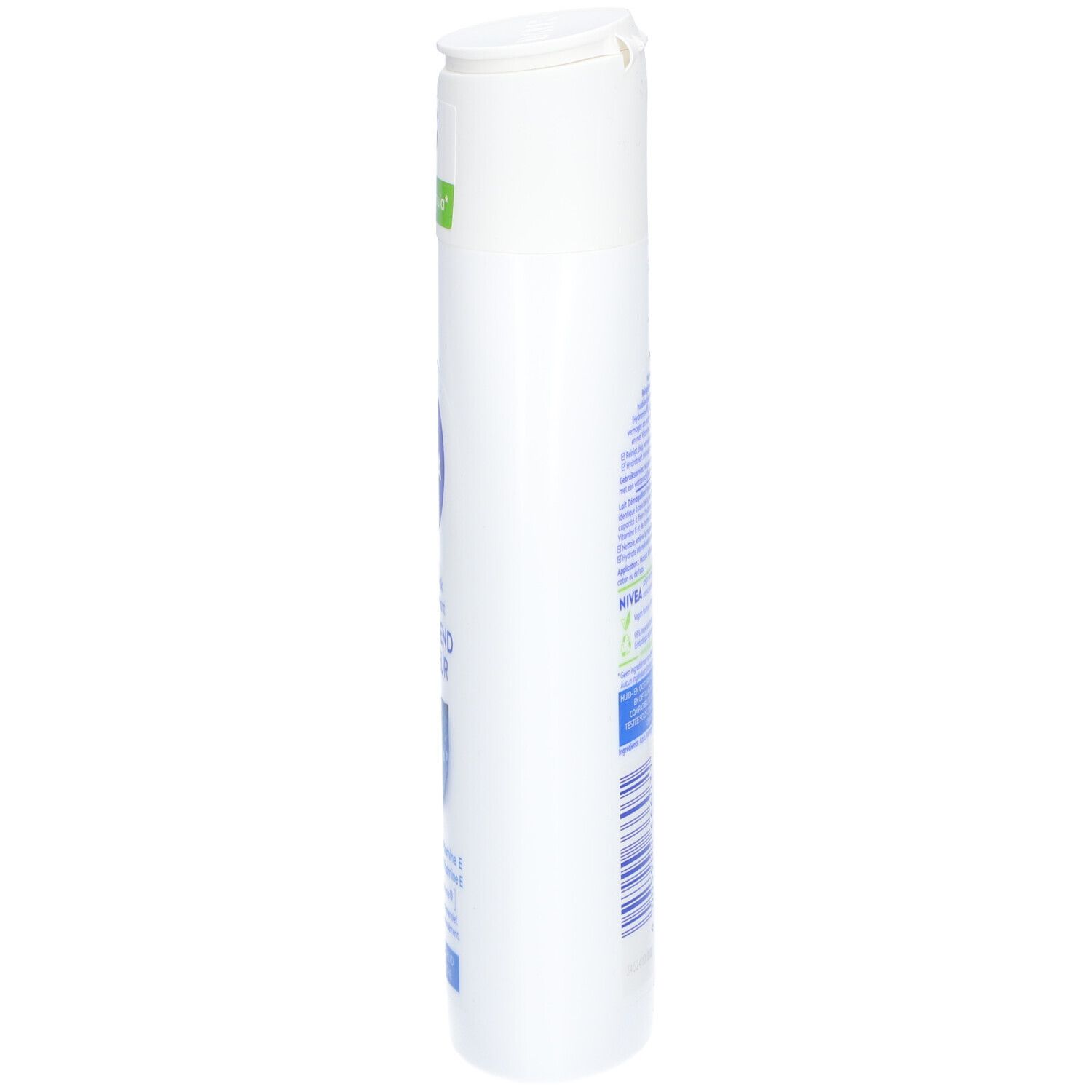 Flacon blanc, vue latérale. Texte: Nivea, Reinigingsmelk, Verfrissend Fraîcheur. Logo Formule Vegan.