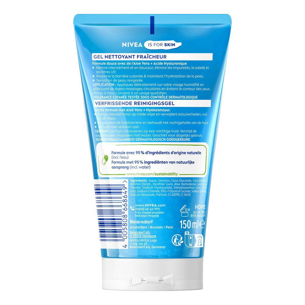Achterkant Nivea Verfrissende reinigingsgel: ingrediënten, toepassing en 150ml.