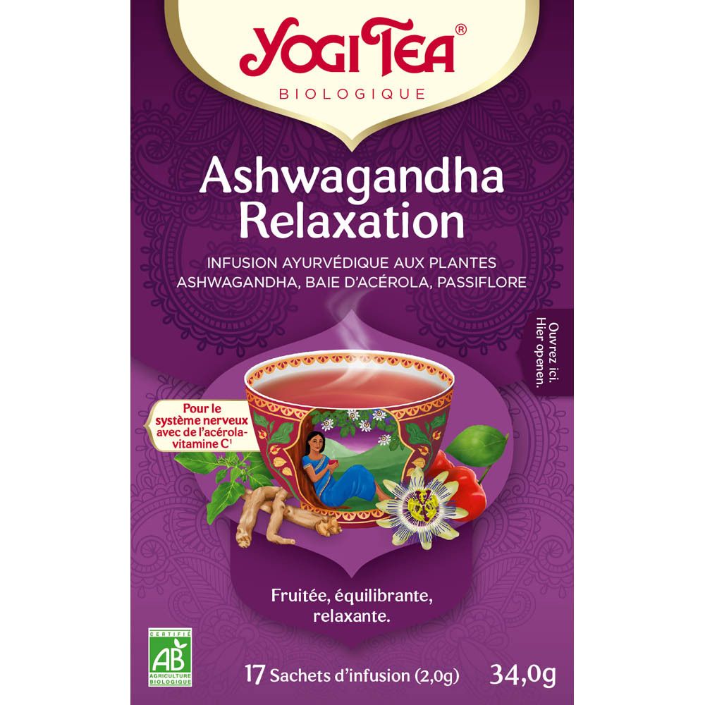 Boîte de YogiTea® Relaxation. 17 sachets de thé. Inscription : infusion ayurvédique avec ashwagandha, acérola, passiflore.