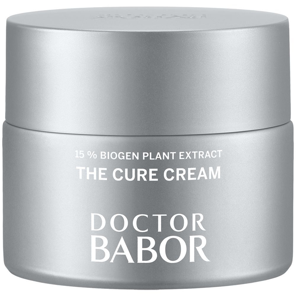 Zilverkleurige crèmepot. Opschrift: THE CURE CREAM, DOCTOR BABOR. 15% plantenextract.