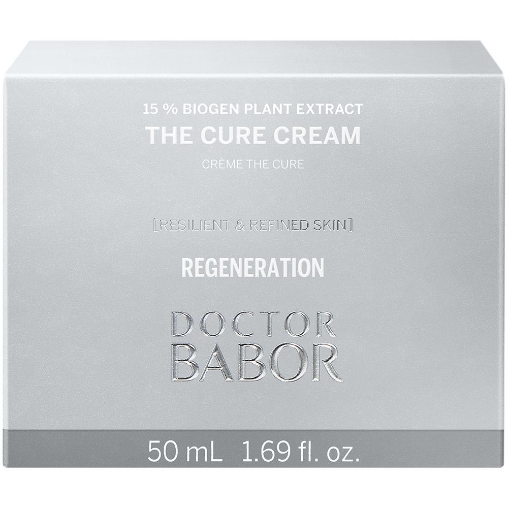 Zilverkleurige vouwdoos. Opschrift: THE CURE CREAM, DOCTOR BABOR. 50 ml, 1.69 fl. oz.