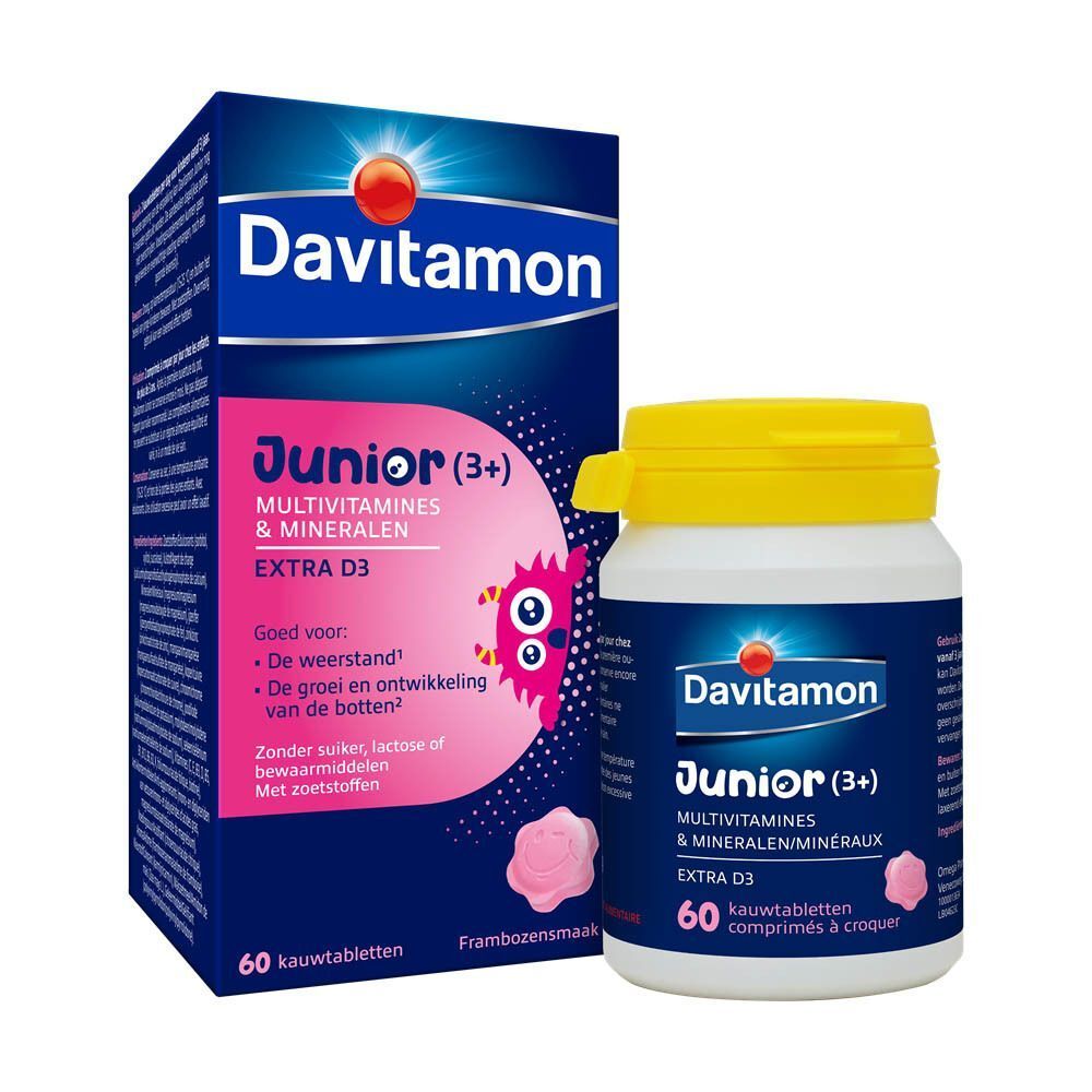 Pak en fles Davitamon Junior Framboos Multivitaminen en Mineralen, 60 kauwtabletten.