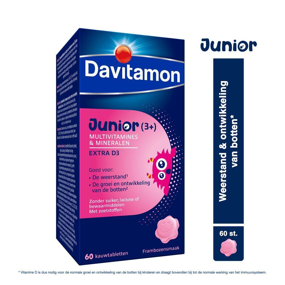 Pak Davitamon Junior Framboos Multivitaminen en Mineralen met productinformatie aan de zijkant.