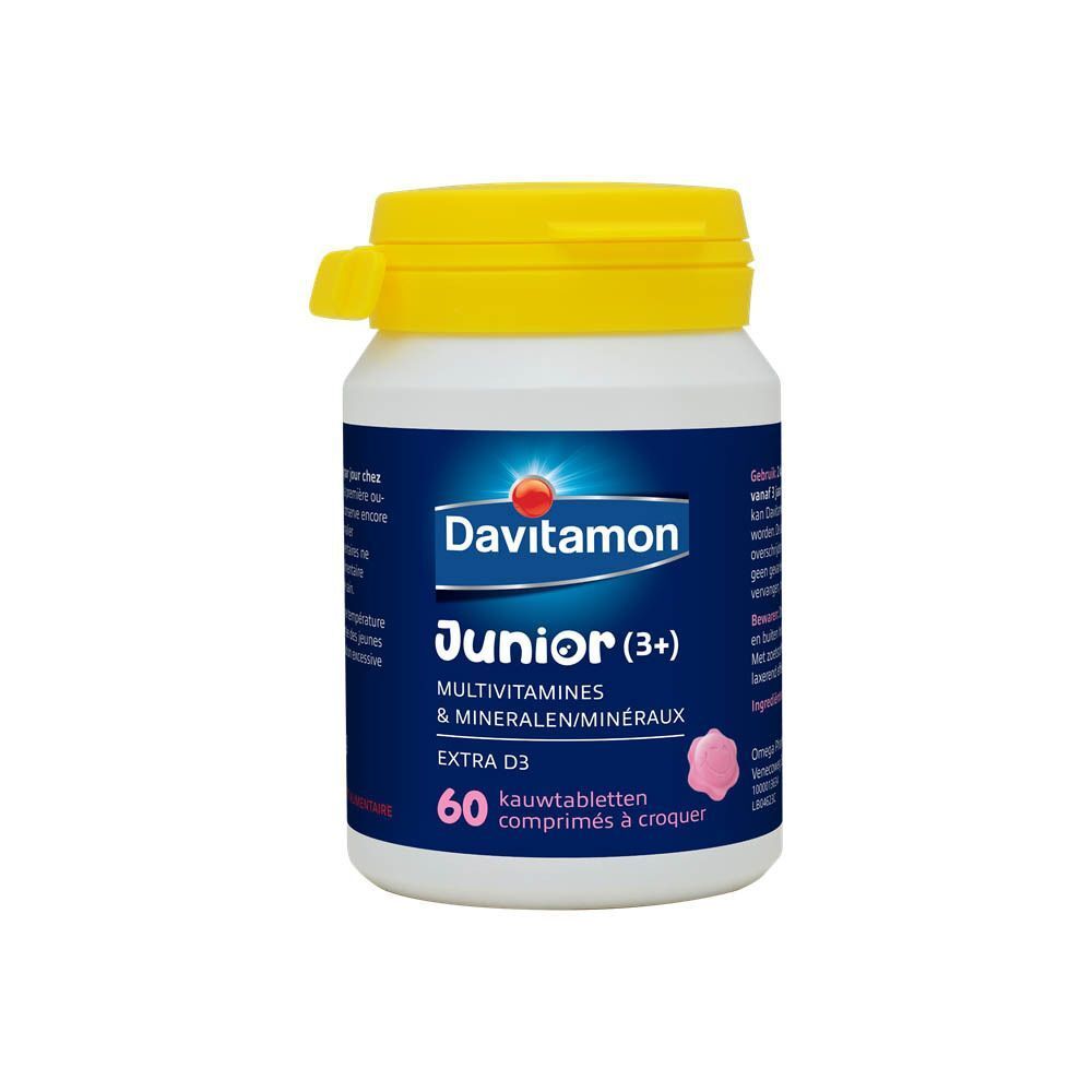 Fles Davitamon Junior Framboos Multivitaminen en Mineralen, 60 kauwtabletten.