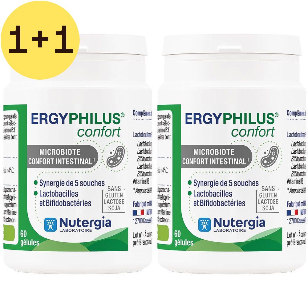 Twee witte flessen met groene etiketten. Opschrift: ERGYPHILUS confort, 60 capsules, Nutergia.