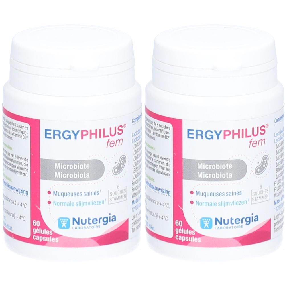 Twee witte flessen ERGYPHILUS® fem. Opschrift: Microbiote, 60 capsules, Nutergia Laboratoire. Gele cirkel met "1+1".