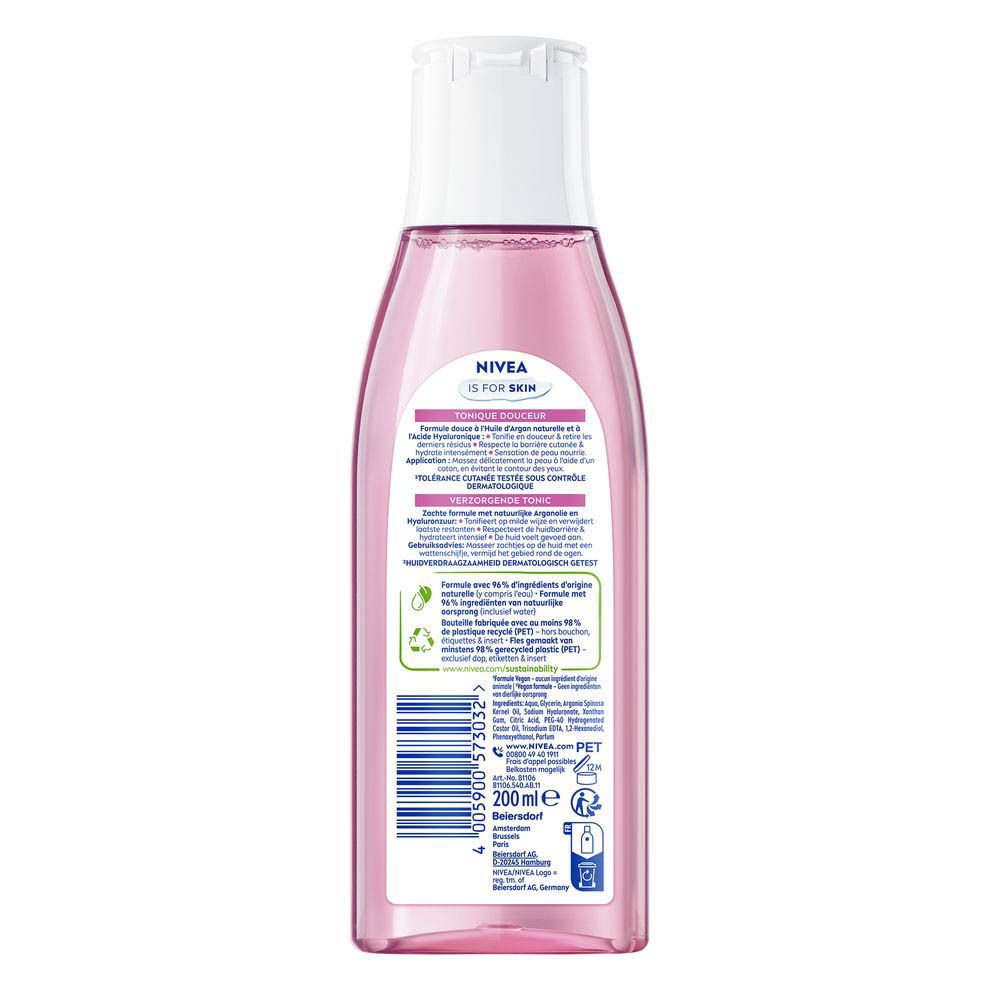 Achterkant van de Nivea Tonique Douceur fles met productinformatie en barcode.