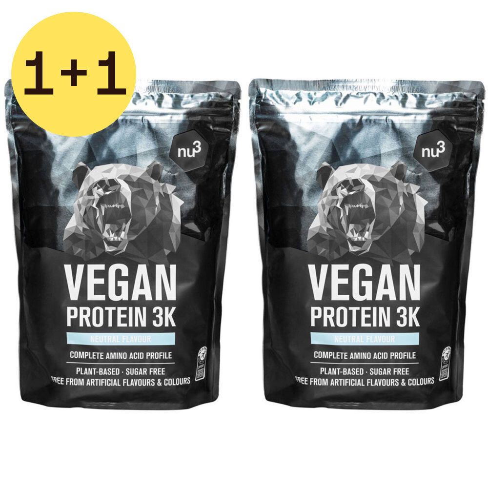 Deux sachets de Vegan Protein 3K, marque nu3. Emballage noir avec ours graphique et texte : Vegan, Protein 3K, sans sucre.
