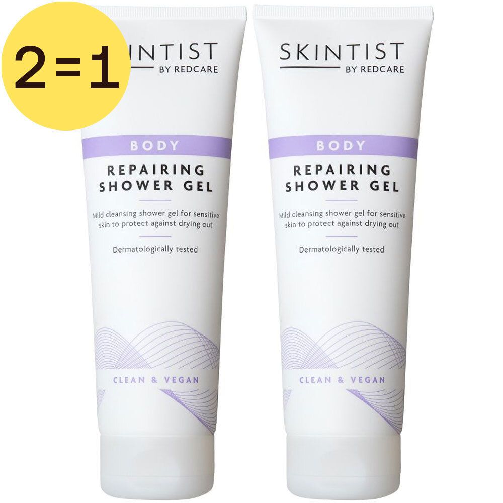 Deux tubes de gel douche "Skintist Body Repairing Shower Gel". Inscription "2=1".
